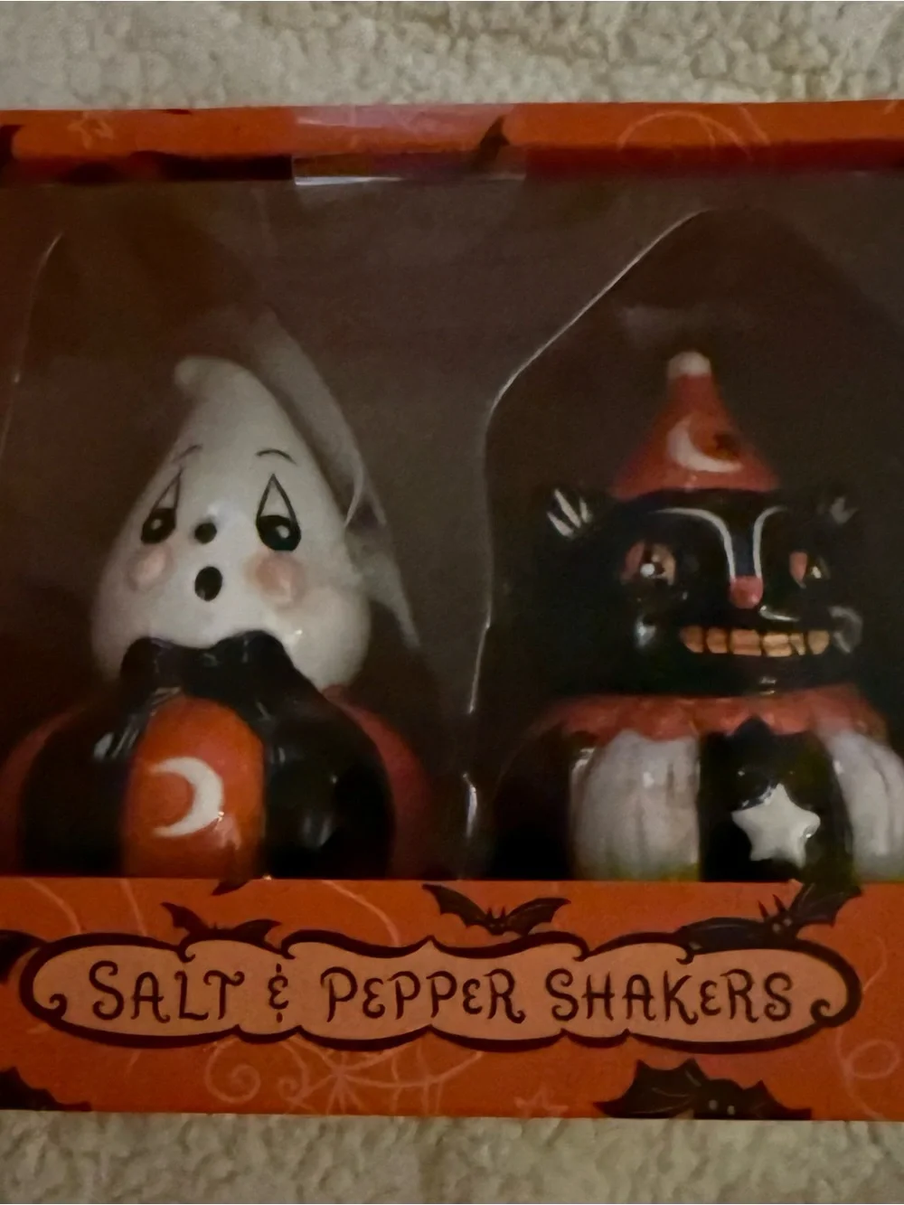 Johanna Parker Ghost & Cat Salt and Pepper Shaker Set Vintage Style